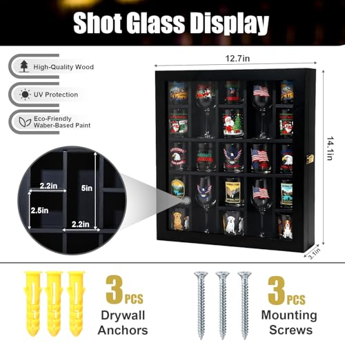 Maxdot Black Shot Glass Display Case Large Wooden Cabinet Rack Holder Wall Mounted Shadow Box Lockable with Acrylic Glass Door 21 Slot Storage Case with Removable Shelves, 14.1\"x12.7\"