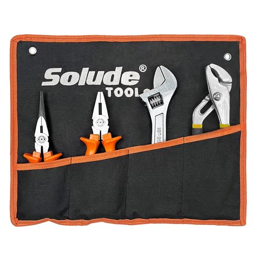 SOLUDE 4-Piece Large Pilers and Wrench Set,10 Inch Groove Joint Pliers and Adjustable Wrench with 8 Inch Long Nose and Lineman's Pliers for Home Use and DIY Project