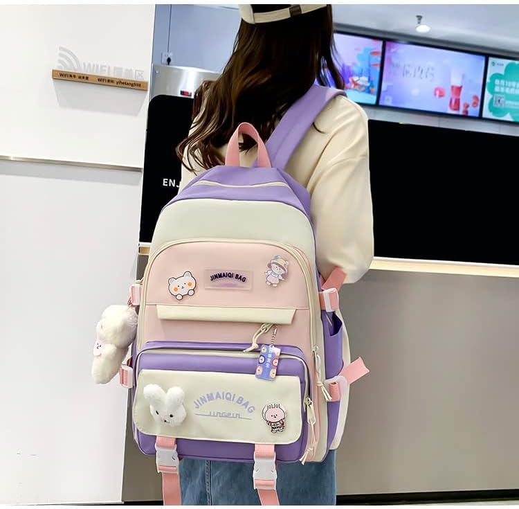 Miniatura 4 de Mochila Kawaii de 5 piezas con accesorios estéticos para portátil, bolsa Ita para artículos de papelería de regreso a clases, Púrpura, Moderno
