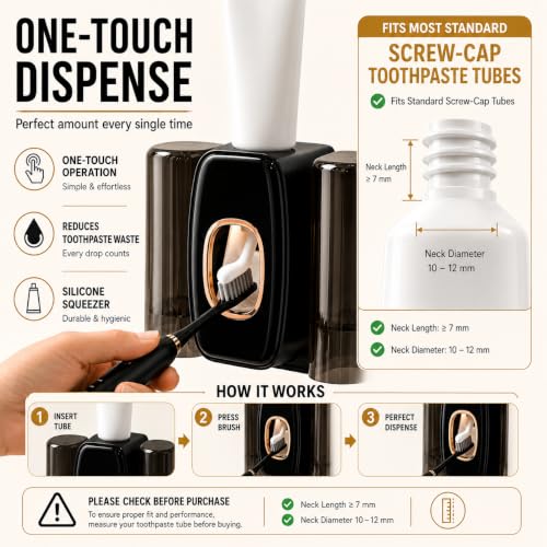 Image of TENOM Tooth Brush Holder Bathroom with Toothpaste Dispenser, Self Adhesive Toothbrush Holders for Bathroom Wall, Dustproof, BPA Free Wall Mounted Bathroom Organizer (Black, 2 Cup)