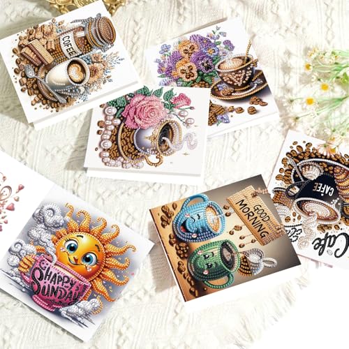 Image of AiYuanzsh 6 Packs Diamond Art Painting Greeting Card Kits with Laser Effect Special Shaped Diamond Art Greeting Cards Arts Crafts for Christmas Birthday Thanksgiving Day Holiday (Coffee, 30x15cm)