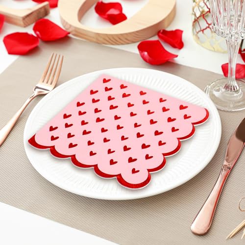 FYSUIMU 50Pcs Valentine's Day Cocktail Napkins Disposable Napkin 3Ply Scalloped Pink Red Foil Heart Beverage Napkin for Wedding Anniversary Valentine Party Supplies by FYSUIMU - Image 5