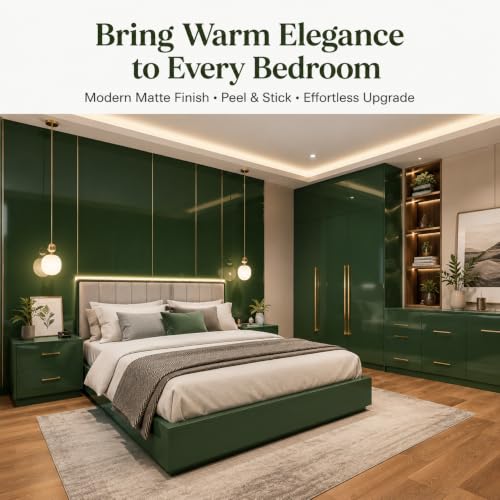 Image of HOME13 Olive Green Wallpaper Glossy Green Peel and Stick Wallpaper Self Adhesive Decorative Vinyl Sticker for Shelf Liner Kitchen Cabinet Table Door Waterproof Removable (20x200 Inch)