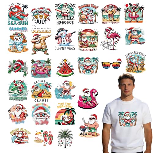 Shejdgart Dtf Transfers Ready to Press - 30 Pcs Summer Christmas Iron on Patches for T-Shirts Summer Iron on Stickers Heat Transfer Vinyl Decals for DIY Fabric Clothes Decor