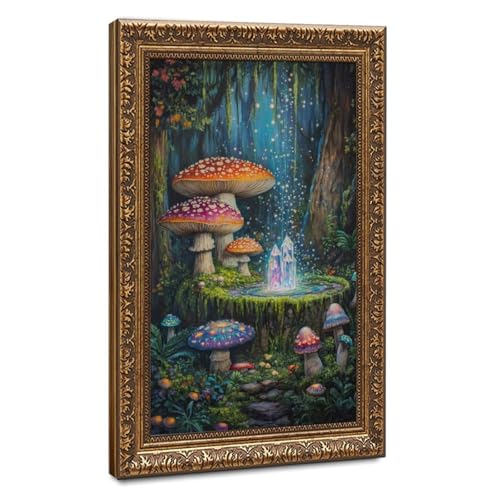 Toile champignon forêt sombre 20x30cm pour une déco de bureau style cabinet de curiosités
