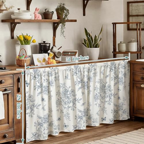 Rideaux courts bleus vintage pour cuisine et meuble bas