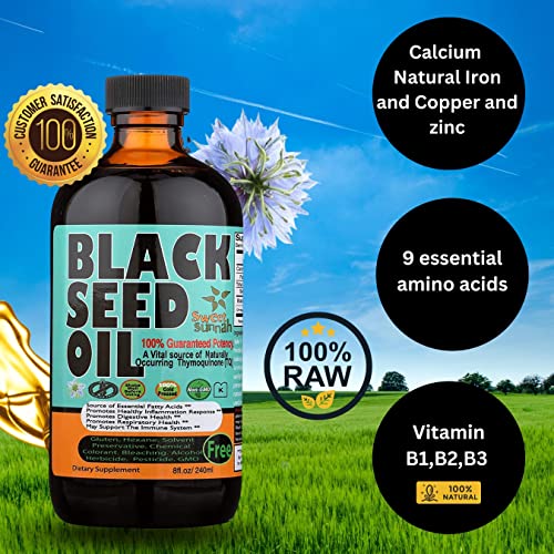 Pure Turkish Black Seed Oil Liquid - 2.26% Thymoquinone Cold-Pressed Black Cumin Seed Oil From Pure Nigella Sativa - First Pressing Blackseed Oil For Immune Support 8 Oz Glass Bottle Sweet Sunnah #TOP4