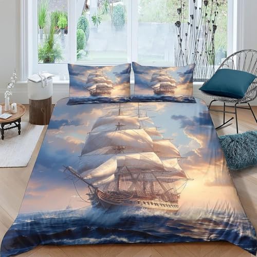 Voilier housse de couette 200x200 cm avec 2 taies d'oreiller microfibre