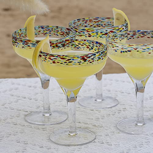 The Wine Savant Mexican Margarita Hand Blown Glass - Set Of 4 - Large 16Oz, Luxury Margarita Glasses, Mexico Design Large 16Oz Confetti Rim Carmen Cinco De Mayo, Dishwasher Safe, Confetti Rock Decor #TOP3