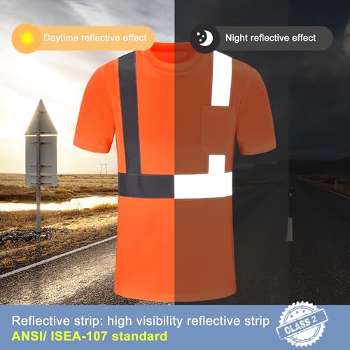 A-SAFETY Reflective Safety Shirts, Short Sleeve Shirt with a Pocket Orange for Men&Women, XL