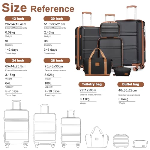 Miniatura 2 de Kono Maletas De Viaje Juegos De 6 Piezas De Abs Ligero Duro Shell Trolley Case Con Cerradura Tsa 20 24 28 Maleta, 12 Estuche Cosmético, Bolsa Duffel Y Neceser Negro Com Marrón