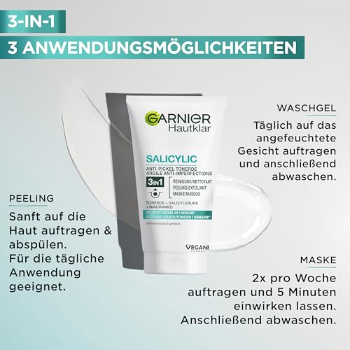 Garnier Hautklar 3 in 1 Gesichtsreinigung für unreine Haut, Reinigung, Peeling und Maske, Mit Salizylsäure und Tonerde, 1 x 150 ml 3