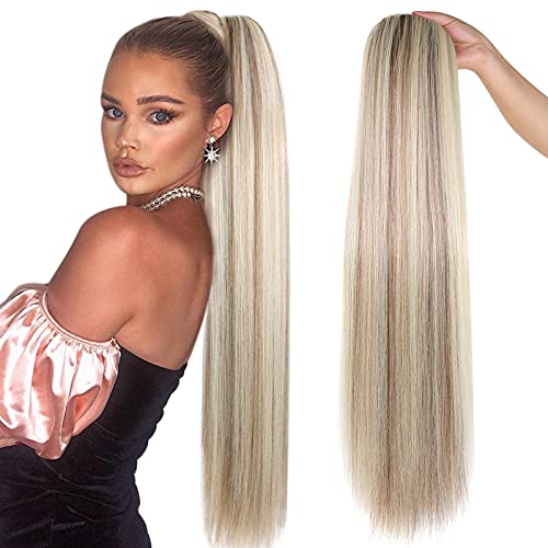 Straight Drawstring Ponytail Extensions Highlights Long Hair Extension Ponytails Clip in Natural Brown Mix Blonde 30 inch Synthetic Drawstring Ponytail straight for Women(#18/613 6.70OZ)