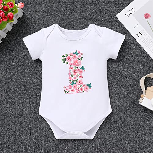 Baby Girl One Year Old Birthday Floral Lace Party Cake Smash Outfits Short Sleeve Top Princess Romper Bodysuit +Tutu Rainbow Skirt Set+Headband 3Pcs Photo Shoot Baptism Clothes Pink-Flower 1 Year Old #TOP5