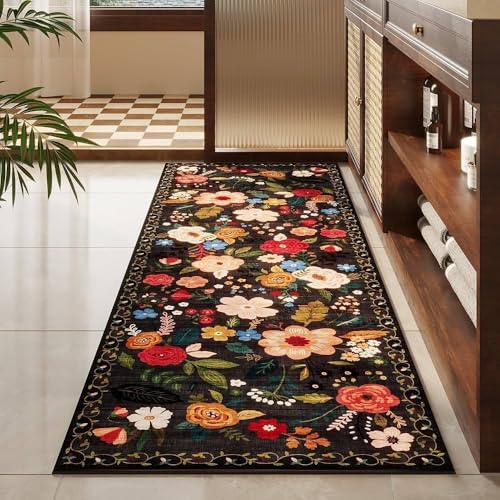 Image of Rugcomf Runner Rug for Hallways Kitchen Rug Non Slip 40 * 120 cm Washable Rugs with Rubber Backing Soft Floral Carpet Runner for Hallways, Kitchen, Laundry, Bedroom, Bathroom(Black)
