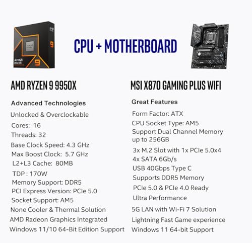 Image of Micro Center AMD Ryzen 9 9950X CPU Processor with MSI X870 Gaming Plus WiFi Motherboard (ATX, AM5, DDR5, PCIe 5.0 x16, M.2 Gen5, Wi-Fi 7, 5G LAN)