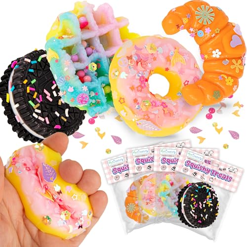 ArtCreativity Squishy Treats Fidget Toys for Kids and Adults - 4 Pack - Super Soft Squishy Dessert Include Sandwich Cookie, Donut, Croissant, and...