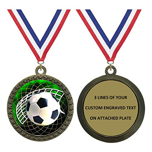 Express Medals Large 2.5 Inch Gold Color Soccer Medal Trophy Award Engraved Personalized Text and Neck Ribbon 542 (Pack of 10)