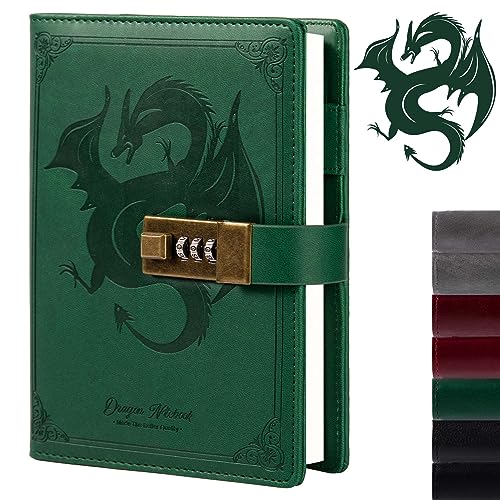 TIEFOSSI Dragon Leather Journal, cuaderno de tapa dura, diario recargable bloqueado, diario de escritura de papel forrado/en blanco con cerradura de combinación para hombres, mujeres y niños (verde)