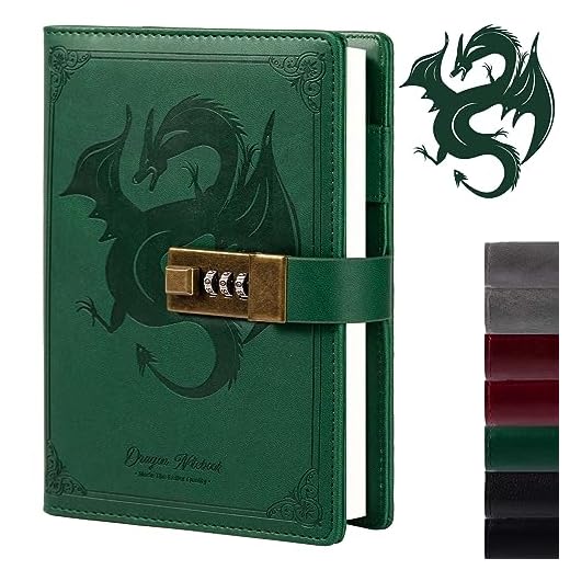 TIEFOSSI Dragon Leather Journal, cuaderno de tapa dura, diario recargable bloqueado, diario de escritura de papel forrado/en blanco con cerradura de combinación para hombres, mujeres y niños (verde)