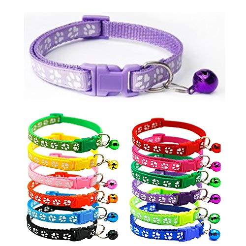 Small Dog Puppy Pet Collar Pawprint Design with Bell Nylon Adjustable Size 19-32cm Lilac Violet Light Purple