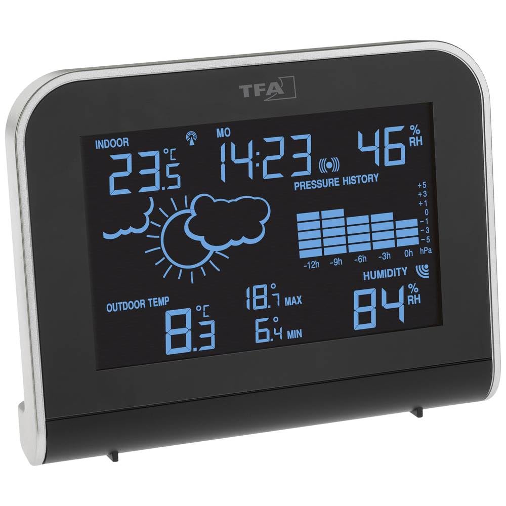TFA Dostmann SPHERE, 35.1148.01.IT Funk-Wetterstation mit 'Color Sharp' Farbwechsel-Display mit Außensender, Schwarz, L160 x B87 x H165 mm