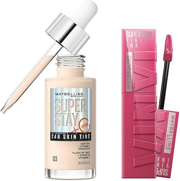 Maybelline New York Super Stay Vinyl Ink Long Lasting Liquid Glossy Lipstick 20 Coy & Super Stay Skin Tint Foundation - 03 Makeup Set