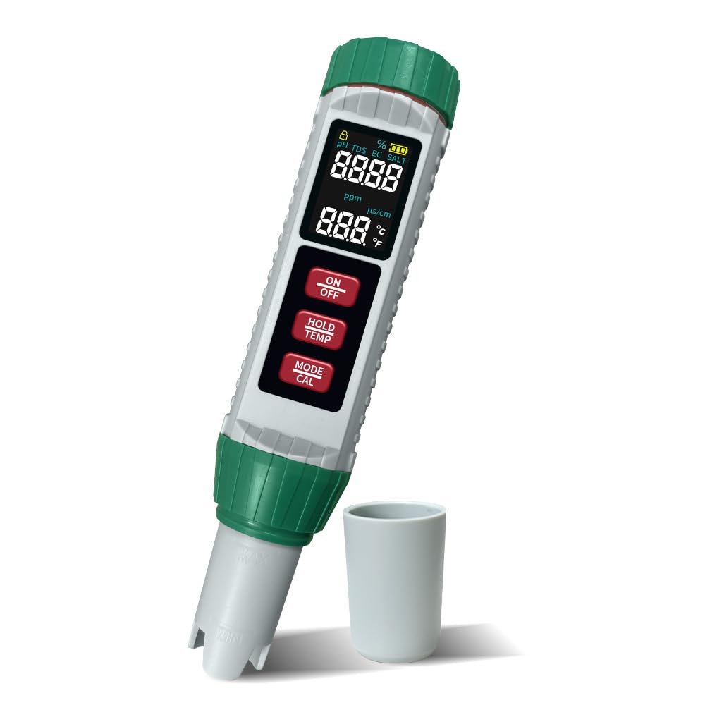 Medidor de pH y probador de sal de piscina, digital 5 en 1, medidor de salinidad pH EC Temp TDS para calidad del agua, probador de agua impermeable para piscina, acuario, hidroponía, jacuzzi