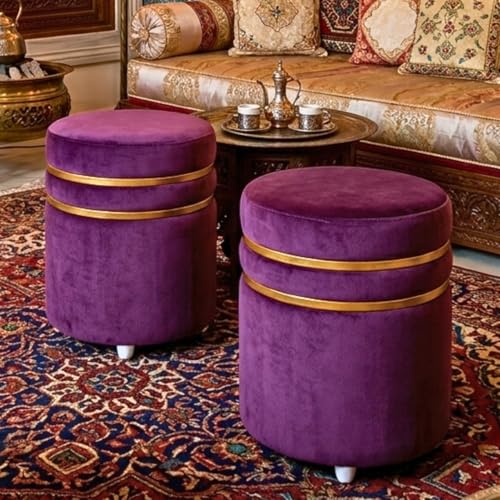 Image of Decorative Ottoman Pouffes for Sitting - Two-Piece Set of Puffy Stools and Footstools - Round Ottoman Stool for Living Room Furniture (Purple)