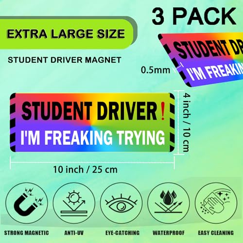 Image of 3 Pack Student Driver Magnet for Car, Magnetic Student Driver Sign for Vehicle, Reflective Warning Bumper Sticker Magnet Sign for New Driver, 10 inch x 4 inch (Rainbow-BlackWhite)
