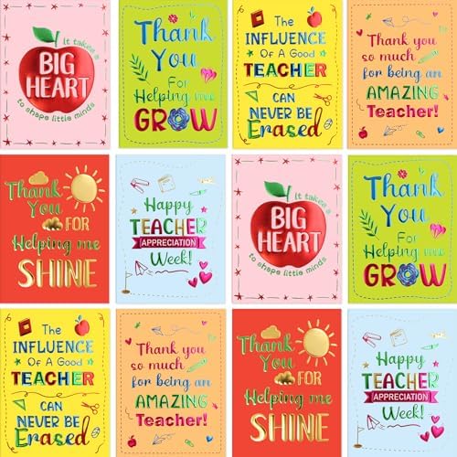 Teacher Appreciation Cards Bulk Set - 24 Thank You Cards With Envelopes & Stickers, 8 Designs 4x6 Inch