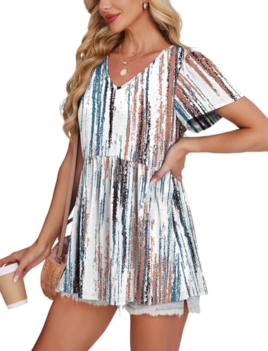 Image of OFEEFAN Womens Summer Tops Babydoll Short Sleeve Shirts Puff Sleeve Peplum Tops V Neck T Shirts