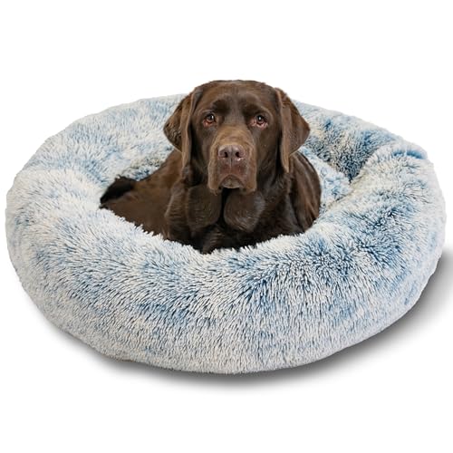 Image of Best Friends by Sheri The Original Calming Donut Dog Bed for Large Dogs up to 100 lbs, Shag Faux Fur, Denim Blue, 36 inch x 36 inch