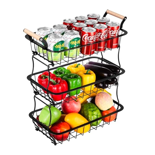 Zaxiva Fruteros de Cocina Modernos Metálicos Negros, frutero 3 pisos Grande Capacidad, Organizador para Verduras, Cebolla, Soporte de Snacks, También utilizable como especiero para encimera cocina