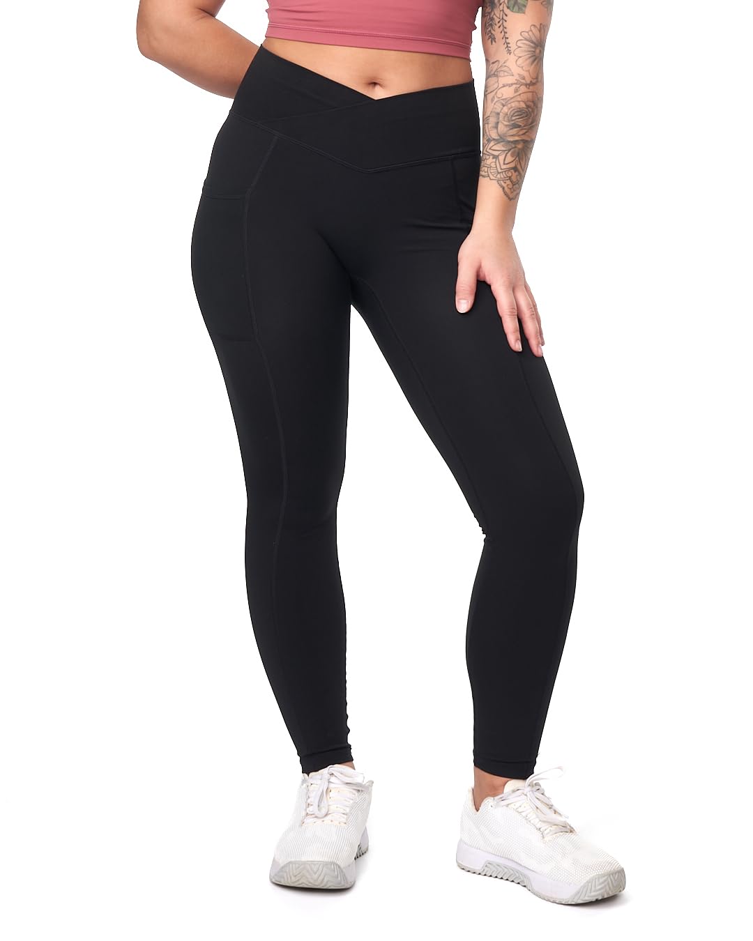Pantalones de yoga de cintura alta con bolsillos laterales, leggings de entrenamiento para correr, trasero fruncido, corte frontal en V, levantamiento de glúteos, longitud completa para mujer