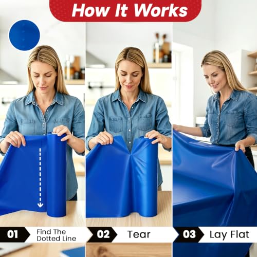 Image of Plastic Table Cloth, Tear Off 110 Ft X 54 In Plastic Table Cloth Disposable Premium Blue Tablecloth PEVA Plastic Table Cover Roll Tear Off 12 Pcs 54 inchx110 inch for Baby Shower, Themed Party, Gathering