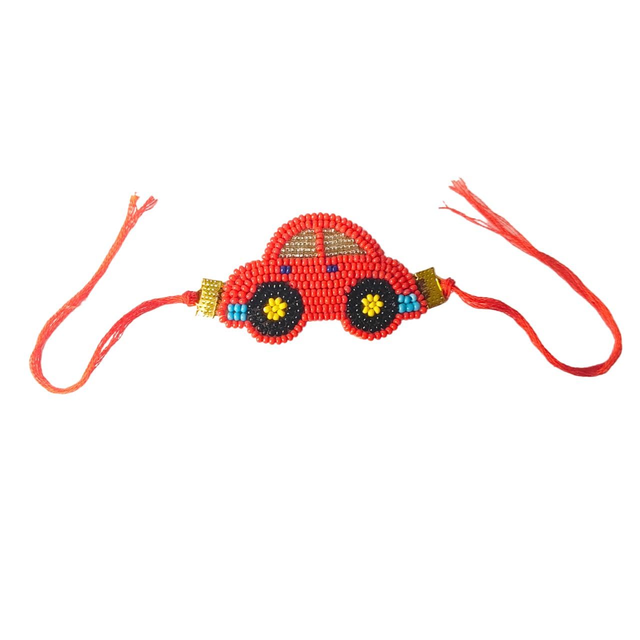 Handcrafted Car Design Kids Rakhi, Red Beaded Thread with Resham Work, Traditional Festival Bracelet-image-15