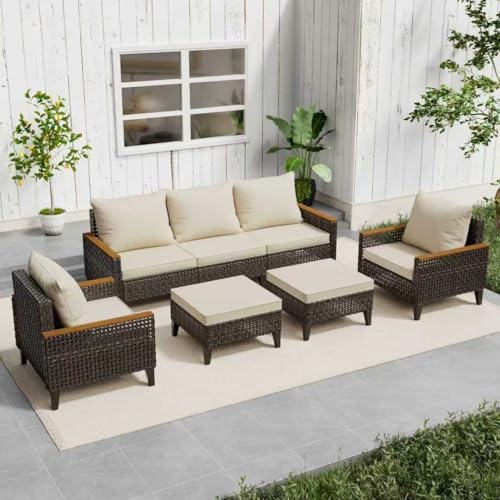 Xmkmvk 7 Piece Patio Sectional Sofa Furniture Set, All-Weather Wicker Rattan Outdoor Conversation Set with High Back and Thick Cushions, for Garden, Porch, Poolside, Beige
