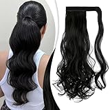 FELENDY 18' Ponytail Extension Curly Wavy Clip in Hairpiece Wrap Around Long Pony Tails Hair Extensions Synthetic for Women Dark Black