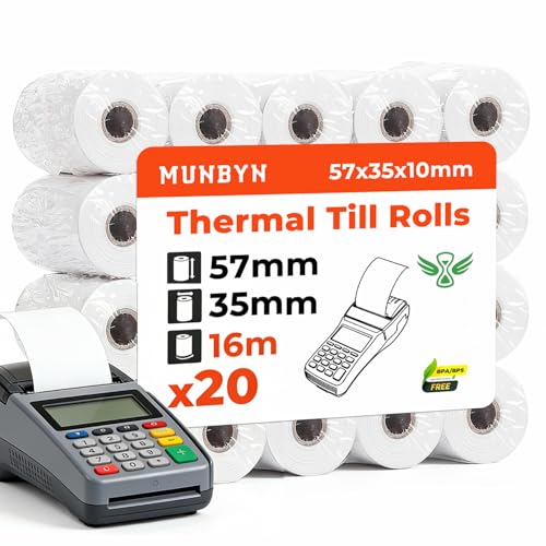 MUNBYN Kassenrollen 57mm x 35mm x16m Ec Rollen Thermopapier, Kasserollen für EPOS, POS, PDQ, Kassensystem, Kinderkamera, Sofortdruckkamera– Thermorollen 57mm (20 Rollen) – BPS/BPA-frei