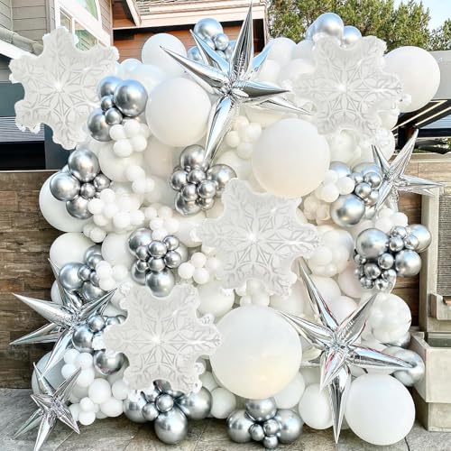 Metallic Silver and White Balloon Arch 128Pcs Winter Wonderland Snowflake Balloon Arch Perfect for Christmas Decor Snowman Birthday Parties, 2026 New Year Eve Party, Snowflake Party Decorations