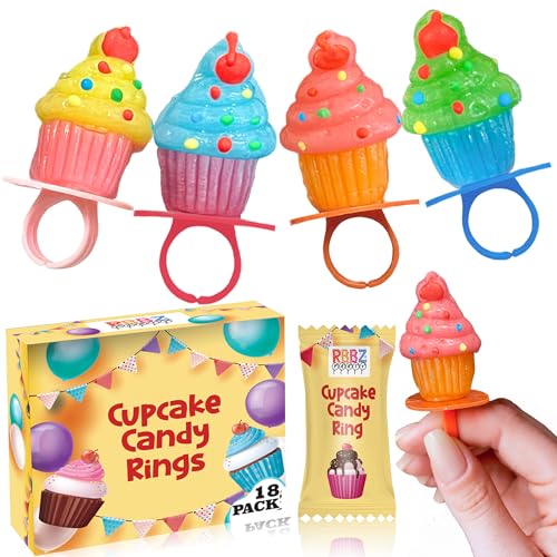 Cupcake Candy Ring Pops - 18 Individually Wrapped Suckers - Great for Birthday Candy, Baby Showers, Party Favors for Kids