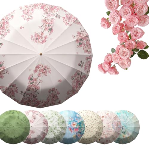 JORCEDI Retro Sun Umbrella UPF50+ UV Protection Large 99cm/38.9in for 2 Person Upgrade Manual Open Close Folding for Rain and Sun 32 Ribs Strong Windproof Compact Portable Parasol Women (08)