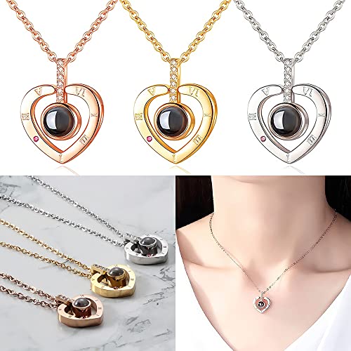 Colar Eu te Amo 100 Idiomas Línguas Projetor Coração Namorados com Caixinha (Prata, Coração Aço c/Cx