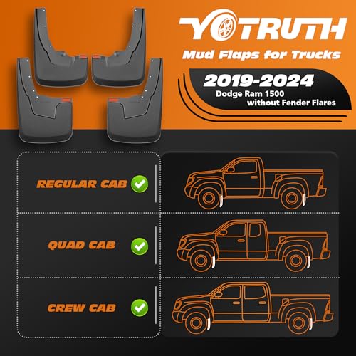 Image of Mud Flaps for Trucks | Fits 2019-2024 Dodge Ram 1500 Without Fender Flares, Front & Rear Splash Mud Guards, 4PC-Black