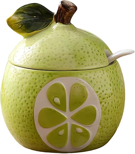 Cerámicas Tazón de Azúcar en Forma de Fruta Sal Pote Pimienta Frasco de Almacenamiento con Tapa y Cuchara Juego de Ollas de Condimentos (Pomelo Verde