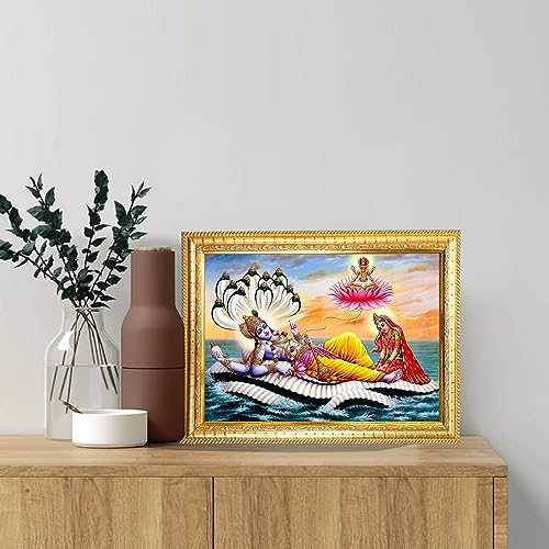 Image of Hawai Lord Vishnu with Goddess Lakshmi Wall Hanging Photo Frame, Size 8.5 x 7 Inch | Engineered Wood Religious Frame for Home Office & Pooja Room Decor | Vastu Prosperity Wall Art | | GLDFRM451