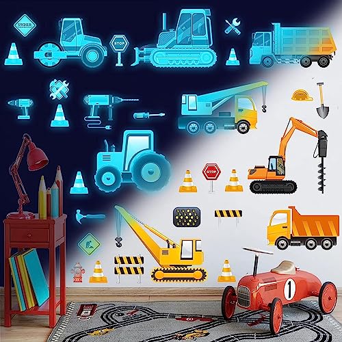 Glow in The Dark Construction Vehicles Wall Stickers Transport Cars Theme Fluorescent Stickers Peel and Stick Road Signs Truck Wall Art Decals for Kids Boys Bedroom Playroom Baby Nursery Blue - Image 2
