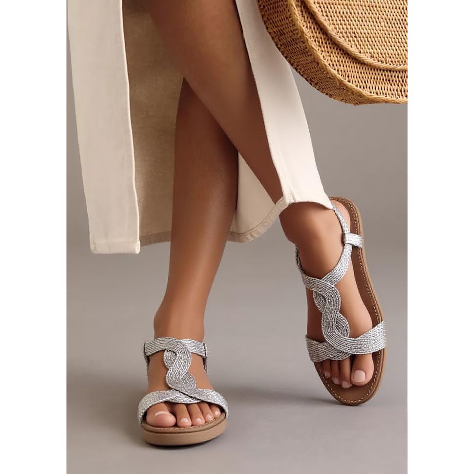 Silver Sparkle Sandals Metallic Flat Sandal for Women Metallic Comfortable Sandals Elastic Ankle Straps Flat Sandalias4