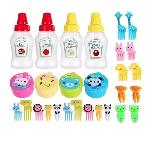 Twiilight - Twiilight 28-Piece Cartoon Condiment Set - 4 Mini Sauce Bottles, 4 Seasoning Boxes & 20 Cute Animal Food Picks for Kids Lunch Bento, Salad, Ketchup, Honey & Oils - Fun Kitchen Accessories & Gift Idea